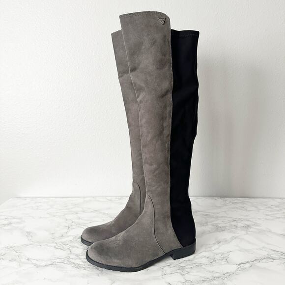 GUESS Chimara Gray & Black Faux Suede Flat Over-the-Knee Boots women’s size 9 - Picture 1 of 12